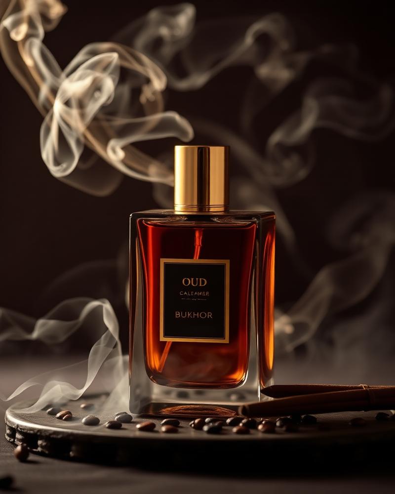 Oud perfume bottle with incense smoke