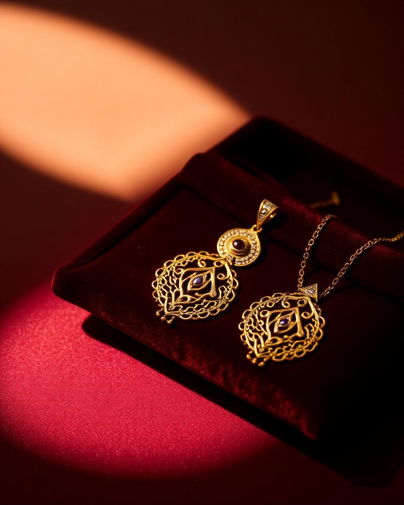 Gold jewellery pieces on dark velvet